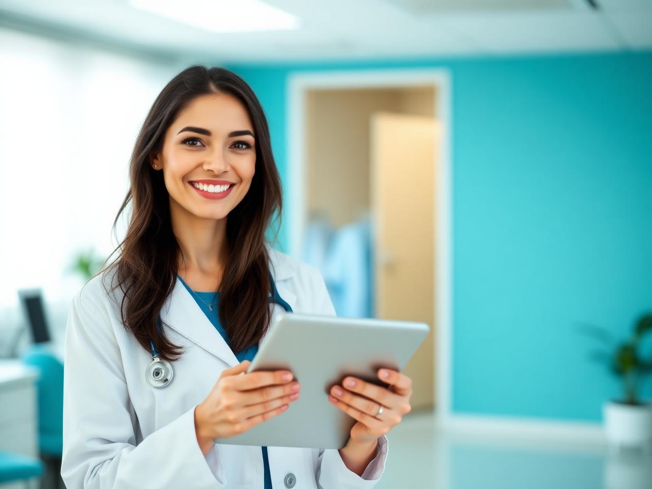 Ärztin mit Tablet im hellen Sprechzimmer