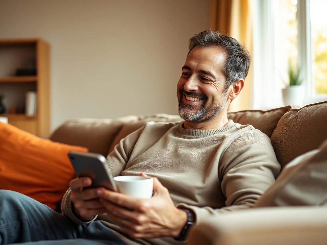 Mann entspannt auf dem Sofa mit Smartphone und Tee