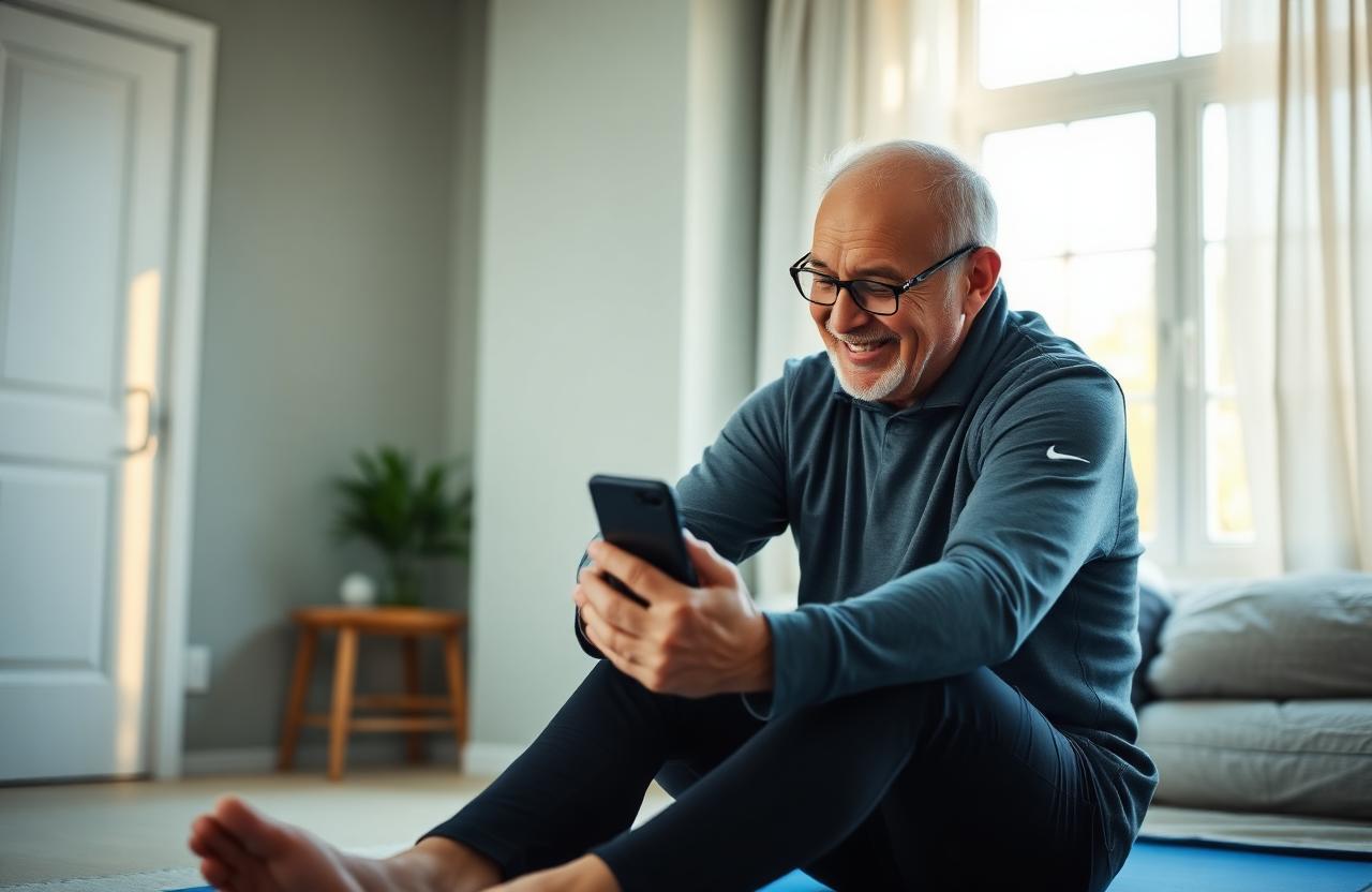 Mann macht Mobility-Übung mit Smartphone